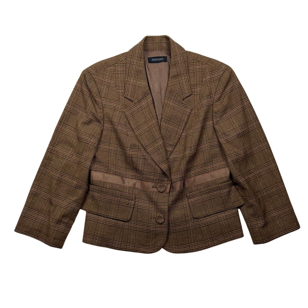 Ideology Women's Brown Plaid Blazer Size 10 Stretch Belt Detail Y2K